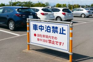 車中泊禁止の看板がある駐車場